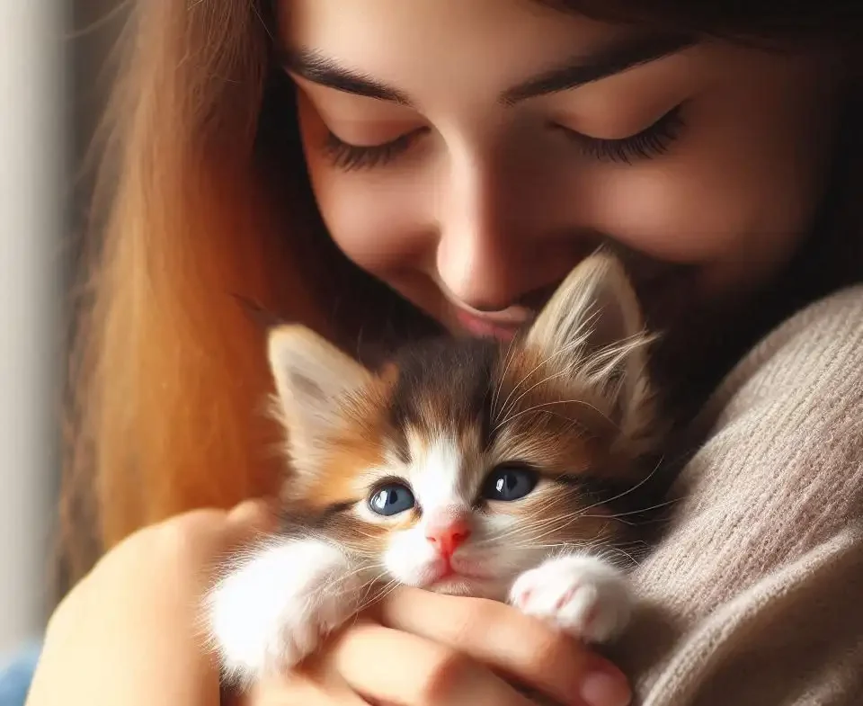 Familia interactuando con un gato adoptadoo Familia feliz jugando con un gato recién adoptado